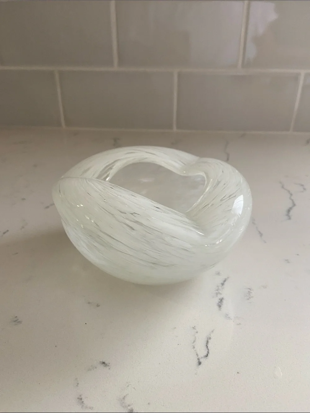 Vintage Hand Blown White Swirl Art Glass Ashtray